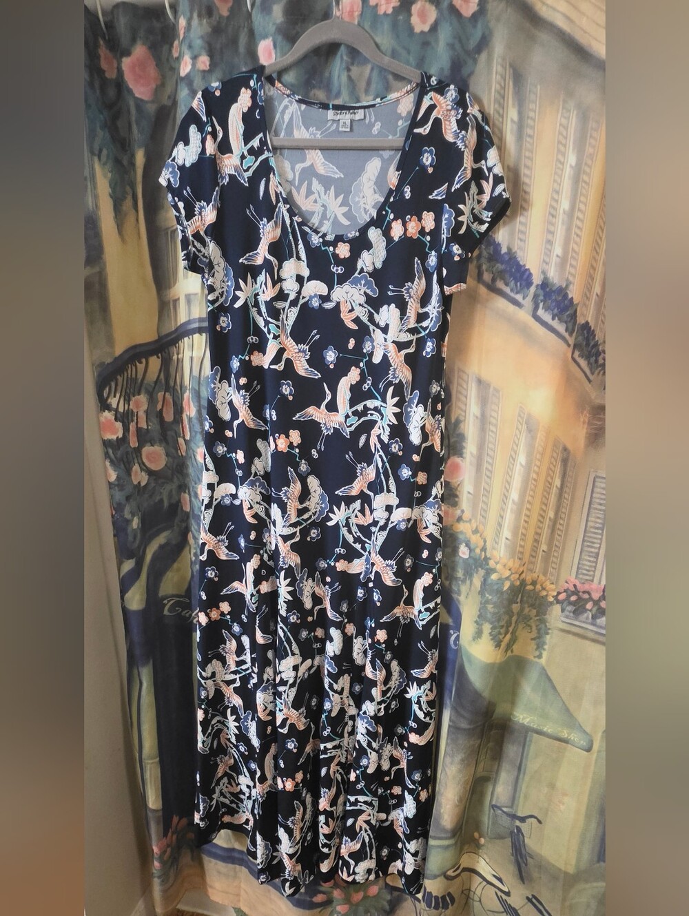 Women's Navy Floral Crane Print Flowy Maxi Dress